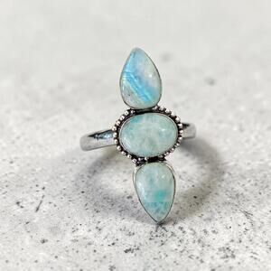 Rainbow Moonstone 3 Stone Statement Ring 925 Silver Overlay